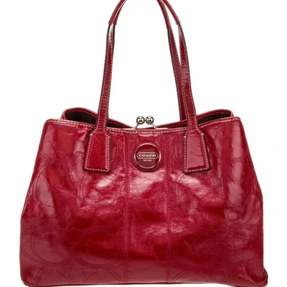 Elegant Red Leather Coach Tote Bag - Picture 2 of 10